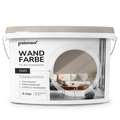 Preismaxx Profiweiß Wandfarbe braun 5L, hohe Deckkraft, Dispersionsfarbe innen, Innenwandfarbe Raumfarbe cappuccino deckend, Deckkraftklasse 2, matt Innenfarbe Profi Qualität