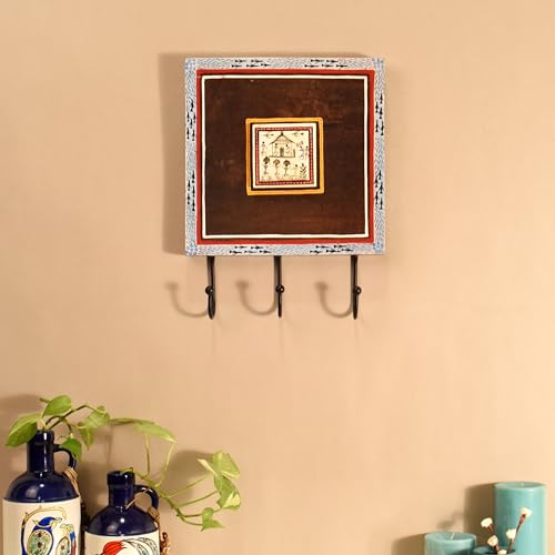Image of AAKRITI ART CREATIONS Warli Art Wooden Towel Holder | Nira Bath Towel Hanger with Three Hooks | Handcrafted Bathroom Towel Hanger with Metal Art | Matte Finish Brown Wall Mounted Towel Holder