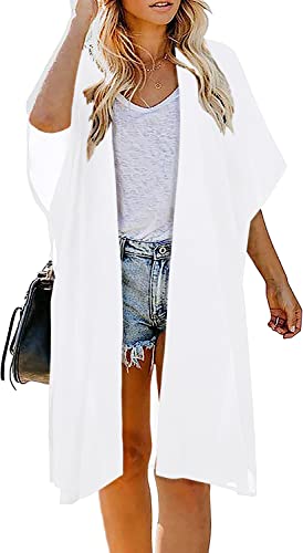 Image of Indian Trendy Women's Solid Puff Sleeve Kimono Long Cardigan Loose Cover Up Casual Blouse Top Chiffon