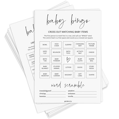 Baby Shower Bingo Game (50 Unique Cards), Pre-Filled, Baby Shower Games, Added Word Scramble - Minimalist