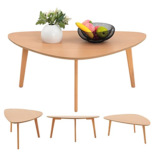 Small Coffee Table Mid Century Modern Wood Oval Coffee Tables Retro Minimalist Style Chic For Living Room,Natural Wooden Texture,Unique Triangle Tabletop,Oak Leg,Easy Assembly,38.5" #TOP7