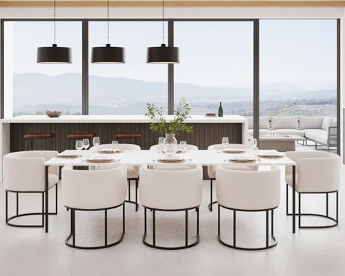 Image of HNY Mid Century Modern Upholstered Barrel Dining Chairs with Arms Set of 8, Linen Kitchen & Dining Room Chairs, 18.5 inch Wide Accent Chairs for Dining Room Living Room with Black Metal Frame, Cream