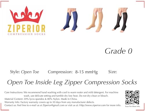 Image of 8-15 mmHg Compression Grade 0 Calf Inside Leg Zipper Open Toe Socks (Beige, Small-Medium)