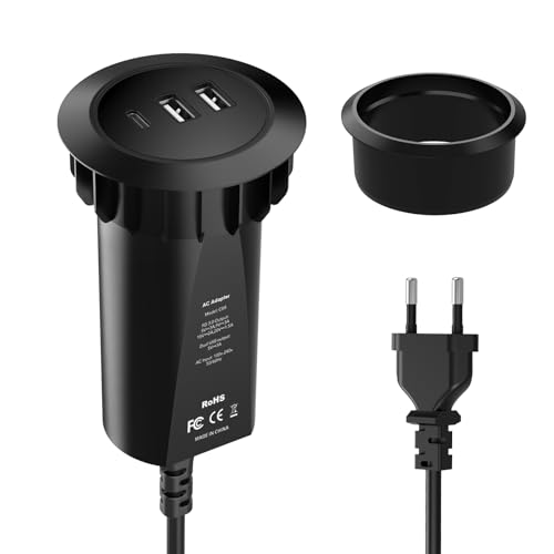 Hianjoo Caricatore Da Scrivania A Scomparsa 45W Con 3 Porte (2 USB + 1 Type-C) – Stazione Di Ricarica Con Passacavo 50/60mm