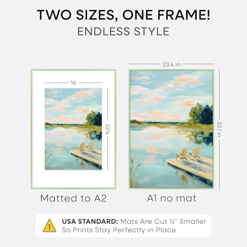 Image of Homeforia A1 Green Poster Frame, High-End Metal, A2 Mat, Glass | High End Aluminum, Tempered Glass, Acid-Free A2 Removable Mat, A1 Edge-to-Edge Display, Wall Kit, Set Of 2