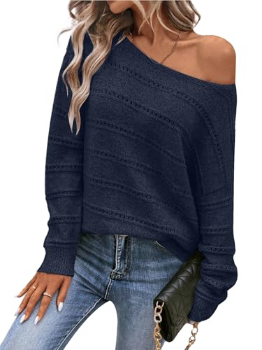 Image of Women's Sweater Soft Boat Neck Long Sleeve Oversized Sweaters Crochet Pullover Knit Tops