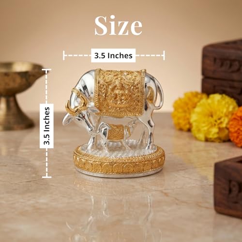 Image of 24K Gold and 999 Pure Silver Plated Kamdhenu Cow Idol - 3.5 Inch Auspicious Vastu Home Decor for Pooja Room and Mandir - Sacred Two-Tone Symbol of Prosperity and Success