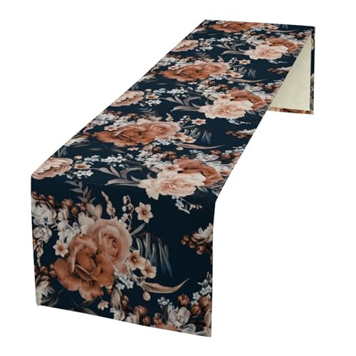 Vintage Flower Table Runner Boho Black Dark Floral Plant Bohemian Watercolor Spring Garden Botanical Art Table Cover for Holiday Farmhouse Kitchen Dining Table Decor 13x36inch