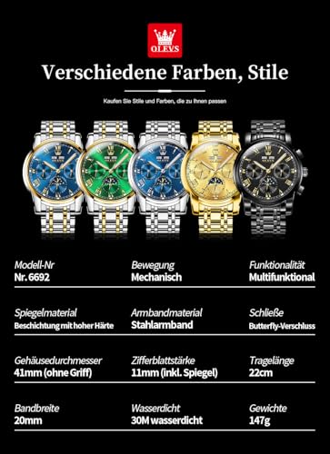 OLEVS Men's Automatic Dress Watch - Self Winding Stainless Steel, Waterproof Luminous Tourbillon Skeleton, Big Dial Date Mechanical Watch