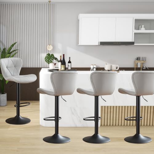 Butacos ajustables para barra, set de 2 unidades, giratorios con respaldo alto, tapizados en cuero sintético, con mecanismo de elevación neumática, estilo moderno para isla de cocina, comedor y bar en casa o cafetería, color gris miniatura 3