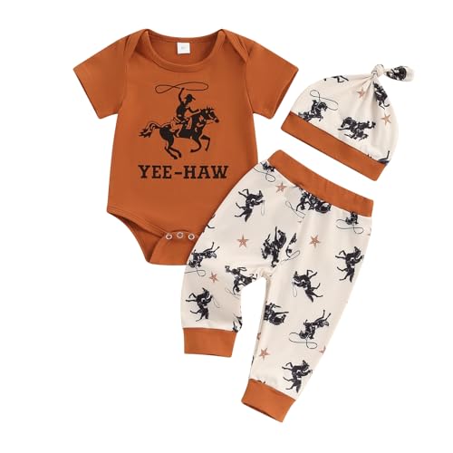 Image of Karuedoo Newborn Baby Boy Western Outfits Riding Horse Short Sleeve Romper Long Pants with Hat 3Pcs Infant Boy Country Outfit