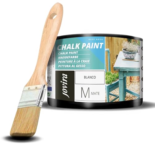 JOVIRA PINTURAS Pintura Tiza - Chalk Paint al Agua Mate + Pincel especial para madera. Renueva tus muebles con creatividad. (375 Mililitros, Blanco + Pincel)