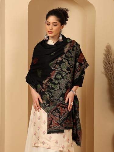Image of tweedle Women's Ethnic Mahotsav Design Zari Shawl, Faux Wool Stole /Scarf for Ladies, Size - 40 x 80 inches