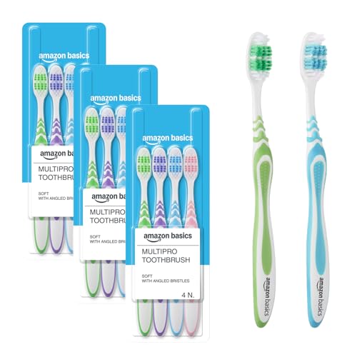 Image of Amazon Basics MultiPro ZigZag Toothbrush for Adults, Multicolour | 12-Count (4 x 3 Packs) | Soft Bristles for Deep Cleaning, Plaque Removal & Gentle Gum Care
