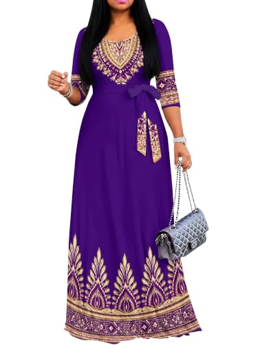 Image of PinkPatty Women's Plus Size Maxi Dresses Casual Flowy 3 /4 Sleeves Dress Printed Vacation Dress for Daily Wear with Belt