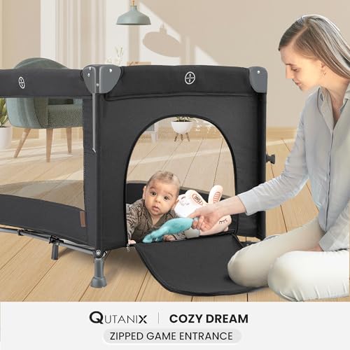Image of QUTANIX 2-in-1 Pack and Play with Mattress,Baby Bassinet Bedside Sleeper, Bedside Bassinet & Baby Playpen, Easy Folding Portable Crib for Newborn to Toddlers (Dark Grey)