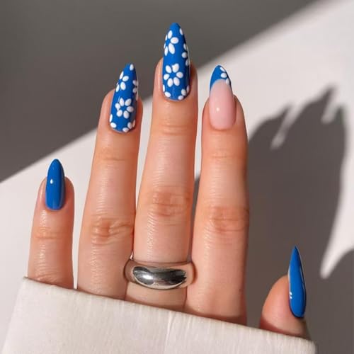 Image of Blue Press on Nials White Flower Fake Nails Medium Almond False Nails with Design French Tip Glue on Nails Artificial Acrylic Nail full Cover Spring Floral Stick on Nails for Women Manicure 24Pcs