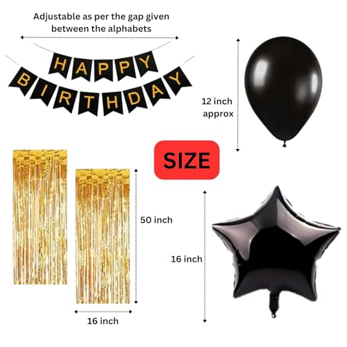 Image of KITTER Birthday Decoration Set With Happy Birthday Sash, Black Foil Star Balloon, Foil Curtains, Happy Birthday Banner and Balloons | Happy Birthday Decoration Items | Decoration Kit For Birthday