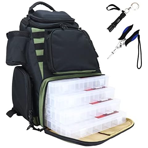OSAGE RIVER Fishing Backpack, Fits 4 Large Tackle Boxes, MOLLE Webbing as Rod Holder, Waterproof Rain Cover, Includes Pliers and Flashlight, Medium Cover
