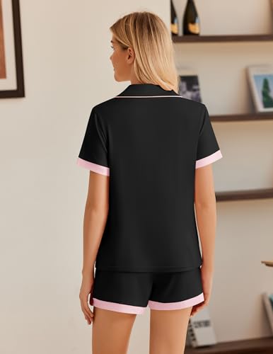 Image of Ekouaer Womens Button Down Pajamas Set Color Block Short Sleeve Sleepwear Summer Soft 2 Piece Lounge Sets Black, Medium