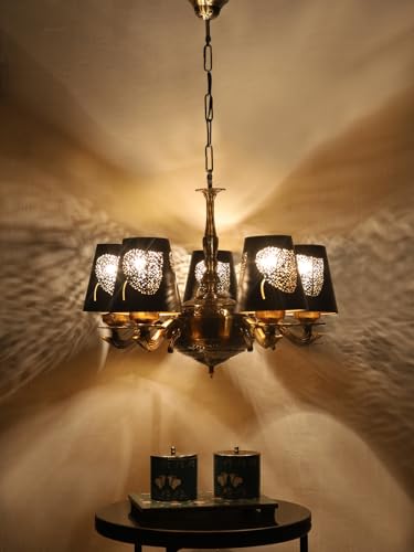 Image of Devansh 05 Lights Metal Leaf Etched Shade with Antique Golden Chandelier -X