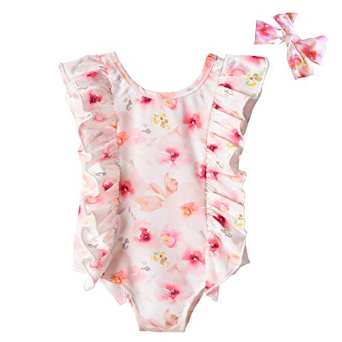 Toddler Girl Swimsuit, Baby Girls One Piece Swimsuit Ruffle Floral Swimwear Bathing Suits Beach Wear (Pink, 2T)