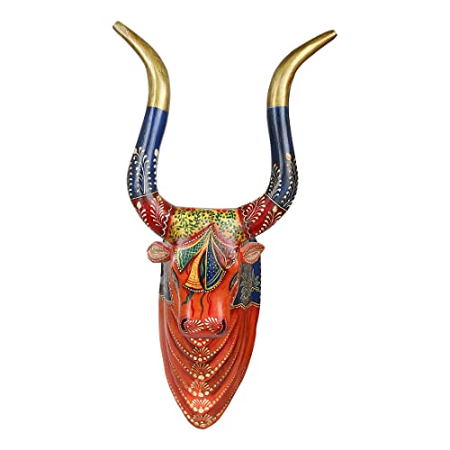 Image of THE COCOTIER Nandi-Inspired Beauty: Multicolor Hand-Painted Cow Head Crafted in 3D Embossing, Reddish Orange Base Cow Head, Animal Head Wall Hanging.