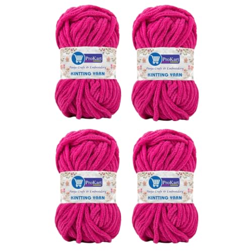 Image of ProKart Premium Blankie Wool, Plush & Cuddly, Chenille Yarn Supersoft Hand Knitting Wool Ball | Blanket Thick /Mottu Yarn Ball Suitable for Hand Knitting and Crocheting for Baby, Adult, Sweaters, caps, Throws, Home Furnishing, Scarves, Blankets (Rani Pink, 100gms x 4 Pack)