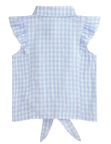 Image of Girls Sleeveless Plaid Button Down Shirt Summer Crop Tops Tie Knot Ruffle Sleeve Shirt Blouse 3-12Y