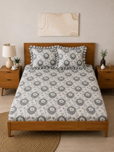 Image of King Size Fitted Bedsheet for Double Bed | 300 TC Cotton Feel Microfiber | All Around Elastic with 2 Frill Pillow Covers | Soft & Durable | (Design9, Fitted - 72 x 78 Inch King)