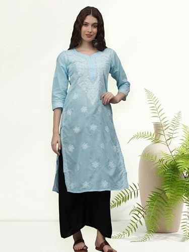 Image of Seva Chikan Hand Embroidered Lucknowi Chikankari Appricoat Peach Terivoil Cotton Kurta for Women SCL4603