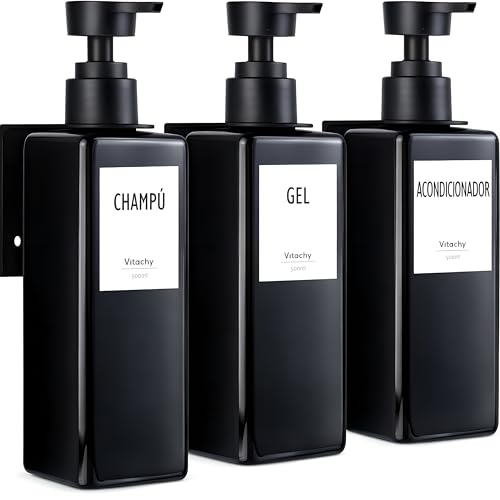 VITACHY Pack 3 Dispensadores Jabón Pared Baño 500ml - Botes Rellenables Gel Champú Acondicionador - Dosificador Ducha Negro con Soporte: Fijación Adhesiva Sin Taladro o con Tornillos