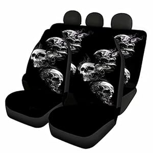 Jeiento Men Women Car Seat Cover, 2pc Front Seat Protective Cover with 2pc Split Bench Cover, Cool Skull Pattern, Dust-Proof Full Wrap Covers Set, Fit Most Car Van Truck SUV