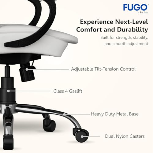 Image of FUGO FG233 Ergonomic Medium Back Office Chair with 3-Year Warranty, Adjustable Height, Cushioned Back&Seat, Tilting Mechanism, Heavy-Duty Metal Base, Dual Nylon Casters-Ideal for Work,Study (White)