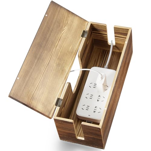 Large Cable Management Box – Burnt Wood Cable Organizer Box and Power Strip Box for Electrical Cord Management – Hide Desk Cord and Floor Cables – Wire Storage and Organization for Cords