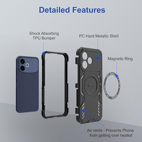 Image of Zapcase Back Case Cover for Oppo F33 Pro 5G | Magnetic Case with Built-in Metal Ring | Supports MagSafe Charger, Wallet & Car Mount | Shockproof Hybrid PC + TPU | Black
