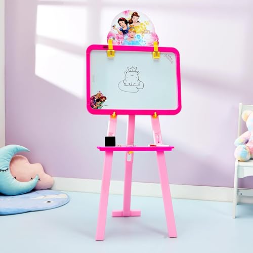 Image of Amazon Brand - Jam & Honey Disney Princess 5-in-1 Easel Board for Kids | Black and White Board with Chalk, Marker and Duster I with Stand| Educational Toy for Kids | Age 3+ Years