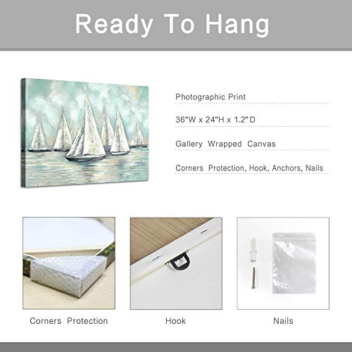 Abstract Nautical Painting Wall Art: Hand Painted Seascape Picture Ocean Sailboat on Canvas Artwork for Bathroom (36"W x 24"H, Multi-Sized) - Image 7