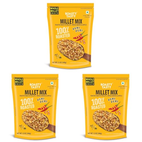 Image of Roasty Tasty Millet Mix Peri Peri 340g | Healthy Snack of Roasted Bajra, Wheat Flakes, Moong, Masoor, Peanuts Ideal Millet Namkeen for Kids & Adults | Low Calorie Snacks - Roasted Namkeen - No Cholesterol, No Transfat Diet Mixture in Peri Peri Masala | Millet Snacks Items
