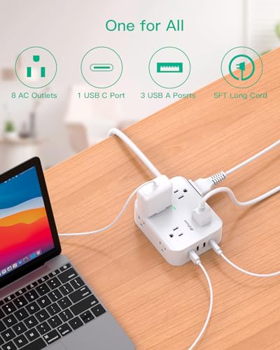 Power Strip Surge Protector - Flat Plug, 8 Wide Outlets with 4 USB Ports (1 USB C), 5FT Heavy Duty Extension Cord with Multiple Outlets, Wall Mount, Charging Station Overload Protection for Home Dorm - Image 3