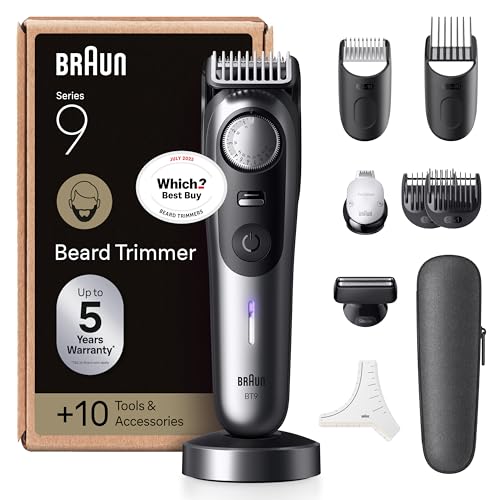 Braun Series 9 Beard Trimmer for Men, 10-in-1 Grooming Kit for Beard, & Face Hair, Lifetime Sharp ProBlade, 52 Lengths, 180 Min Runtime, Waterproof, Chrome - BT9545