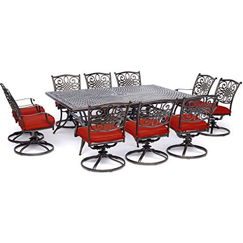 Hanover Traditions 11-Piece Modern Outdoor Dining Set with Rust Resistant Cast Aluminum Rectangular Large Dining Table and 10 Swivel Rocker Chairs with Plush Weather Resistant Red Cushions