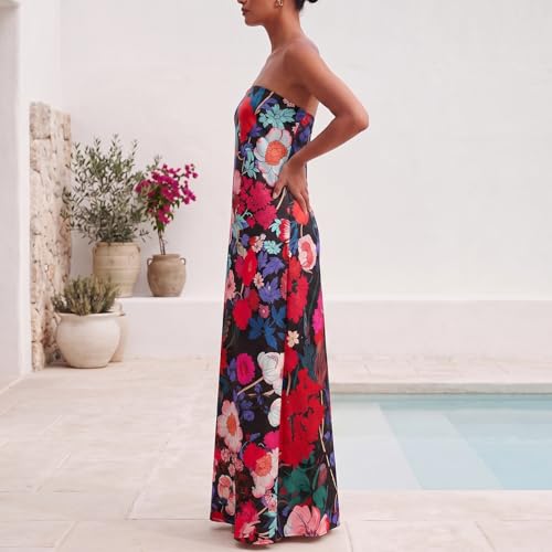 Image of Zwirelz Women Strapless Maxi Dress Boho Floral Print Flowy Long Tube Dress Off Shoulder Loose Beach Sundress