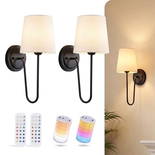 Image of CLOUDY BAY 10000mAh Battery Operated Wall Sconces,Up to 100 Hours with Rechargeable RGB Dimmable Magnetic Bulb,Cordless Wall Lighting Fixtures with Remote for Bedroom,Black,2 Pack-15.4in