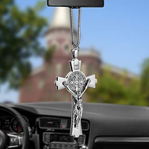 Metal And Crystal Diamond Cross Jesus Christian Car Rear View Mirror Pendant Hanging Car Styling Accessories Auto Decoration,Silver Cover