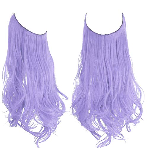 Colored Halo Hair Extensions Curly Lilac lavender Light Purple Short Synthetic Hairpiece 14 Inch 3.7 Oz Invisible Wire Headband for Women Girl Kid Party Heat Resistant Fiber No Clip SARLA(M04&Lilac)