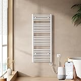 EMKE WiFi Handtuchheizkörper Elektrisch 1200x500 mm - Gebogen Badheizkörper Elektrisch, Elektrischer Handtuchwärmer Handtuchtrockner Handtuch Heizkörper Bad mit Thermostat und Heizstab - 500W, Weiß
