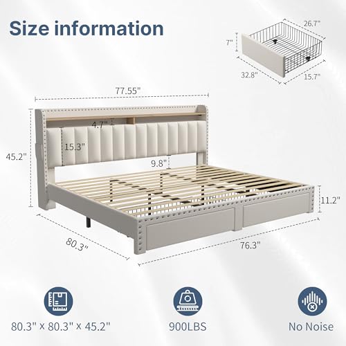 EnHomee King Size Bed Frame, Upholstered King Bed Frame with 2 Storage Drawers and 2-Tier Headboard, Vertical Tufted Headboard Design, Extra Storage Space for Bedroom Apartment, Beige