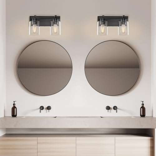 Image of Bathroom Light Fixtures Over Mirror, 2-Light Modern Matte Black Bathroom Vanity Light, Wall Lights with Clear Glass Shade, Living Room, Bedroom, Hallway, E26 Base