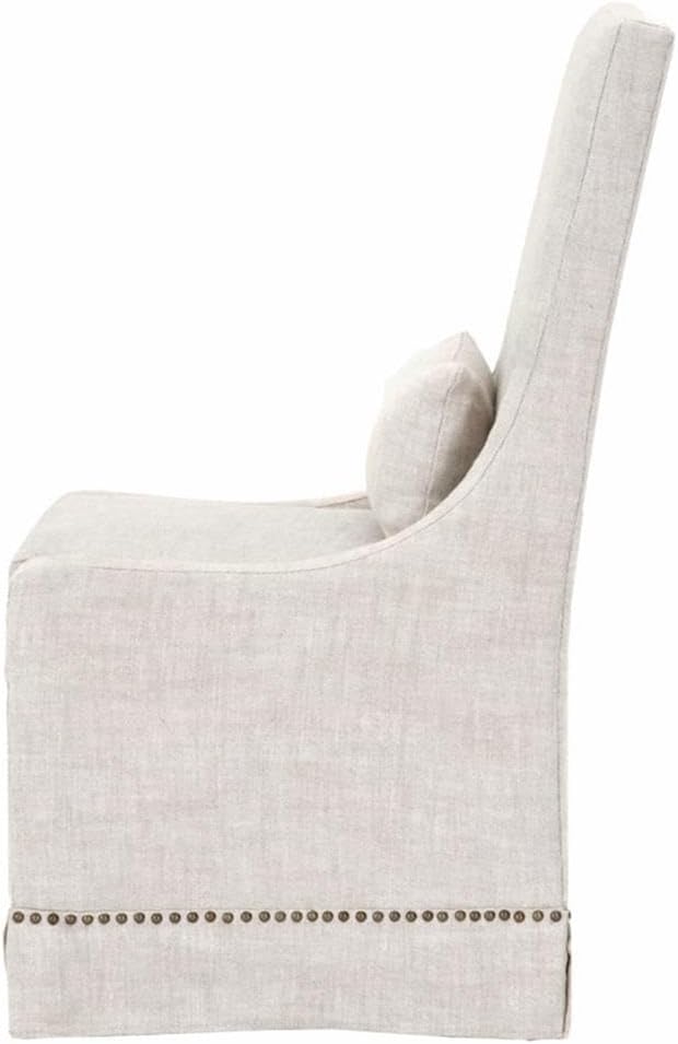Maklaine 19" Upholstered Dining Side Chair Set of 2, Bisque Beige French Linen, Solid Birch Wood Frame, Gold Nail Head Trim, Removable Lumbar Pillow, Slipcover Design, Transitional Dining Room Seating